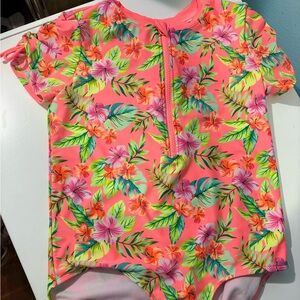 Cat & Jack Pink Floral Kids Rashguard Short Sleeve Front Zip XL PLUS girls